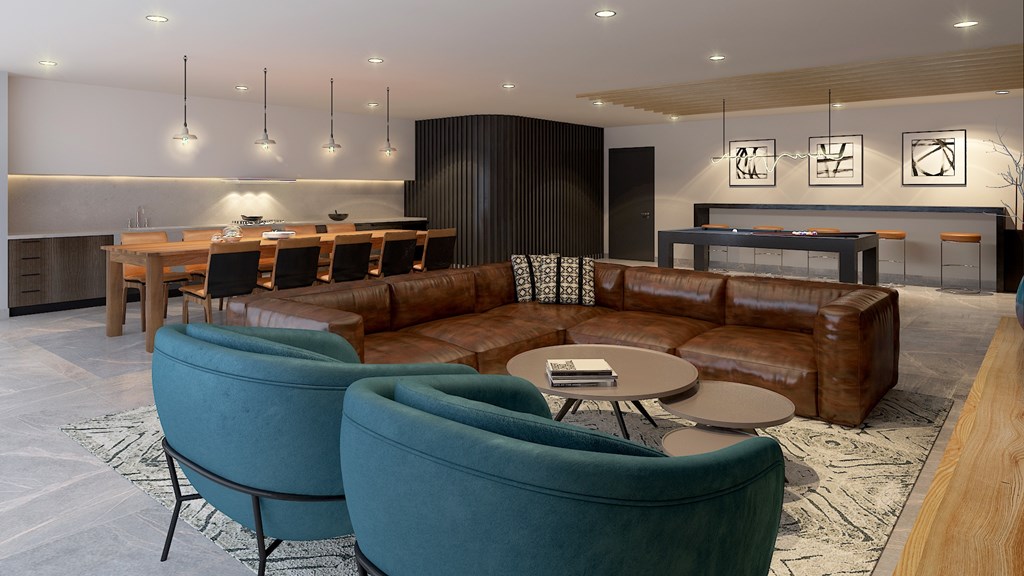 A modern living room with a dining area and a kitchen in the background.
